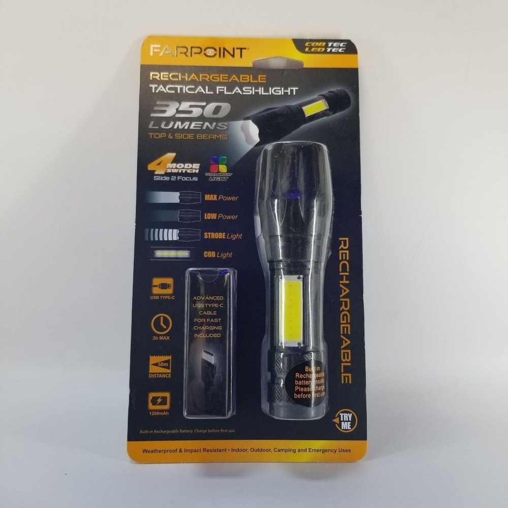 Tactical Flashlight Farpoint OS 350 Lumens USB-C Rechargeable Black LED